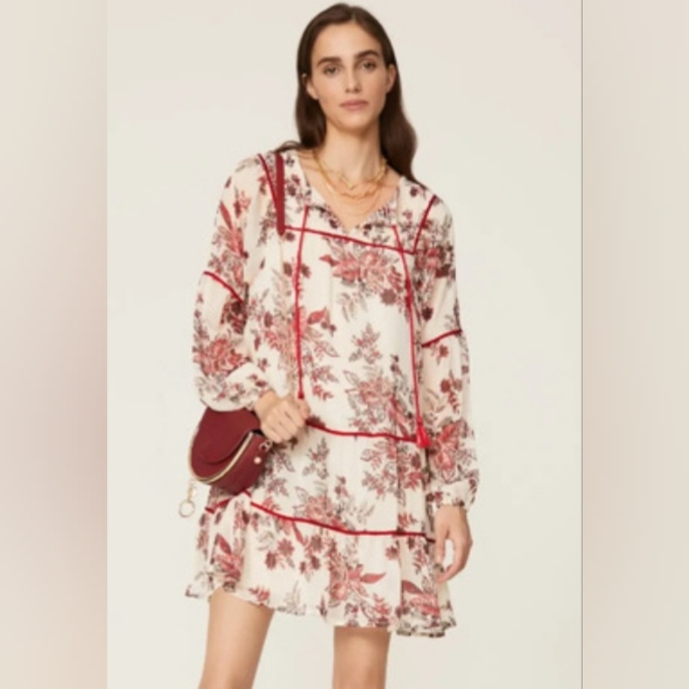 Great Jones Shirred Long Sleeve Floral Dress Off White Red Women's Size Small